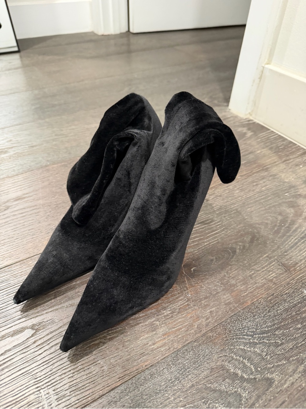 Balenciaga Black Velvet Fold-Over Pointed Ankle Boots